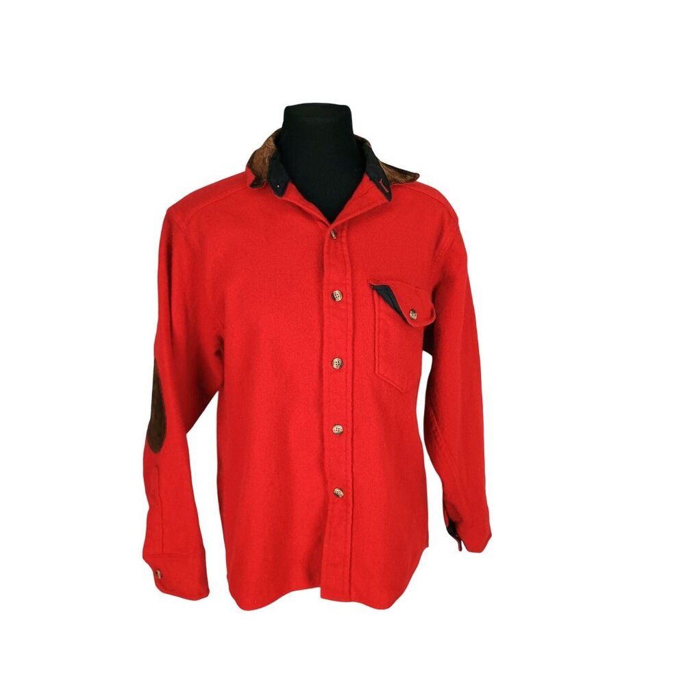 Vintage Woolrich Mens M Red Wool Leather Look Collar Elbow Patches Shirt Hunting